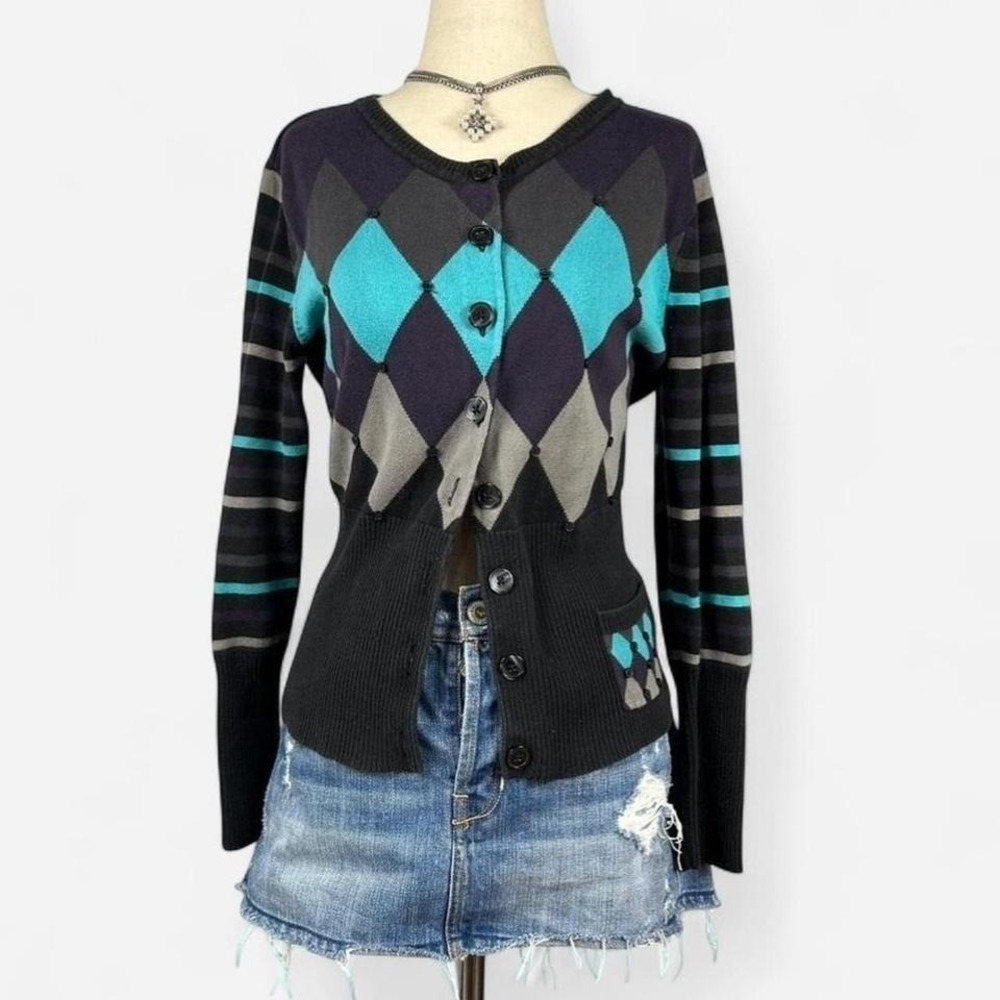 Vintage Argyle Striped Funky Cardigan Embroidered Buttons Retro Womens M